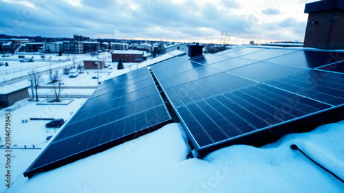 Solar panels work on a winter day, on the roof of a house with snow, through cloudy weather.