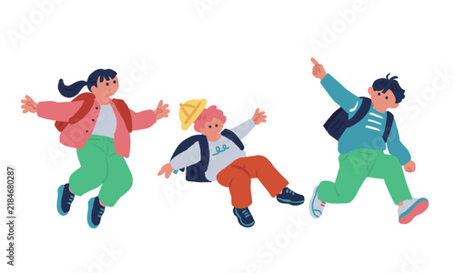 ランドセルを背負って飛び跳ねる小学生3人のイラスト