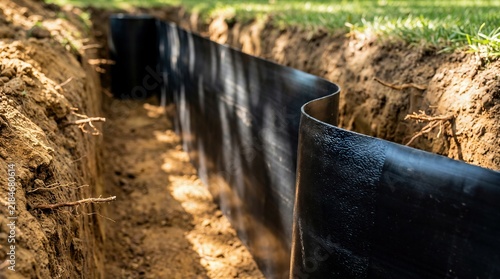 Black root barrier installed in garden trench for plant and weed control, landscape design element.