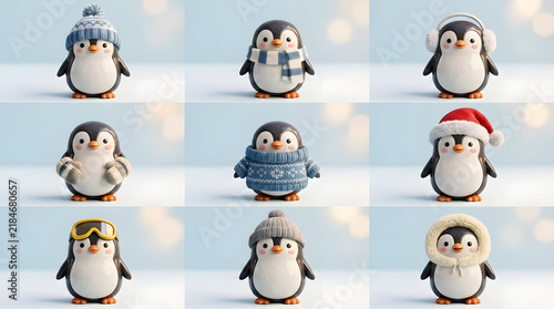 Cute cartoon penguins in winter clothing set