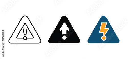 Warning Triangle Icon Set – Outline, Solid, and Color Vector Collection Representing Alert, Caution, and Hazard