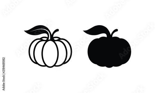 Pumpkin Icon Pair – Outline and Silhouette Vector Design Representing Autumn, Harvest, and Halloween