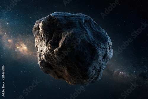 A large rocky asteroid floats through deep outer space. It represents celestial bodies, astronomy research, and space exploration.