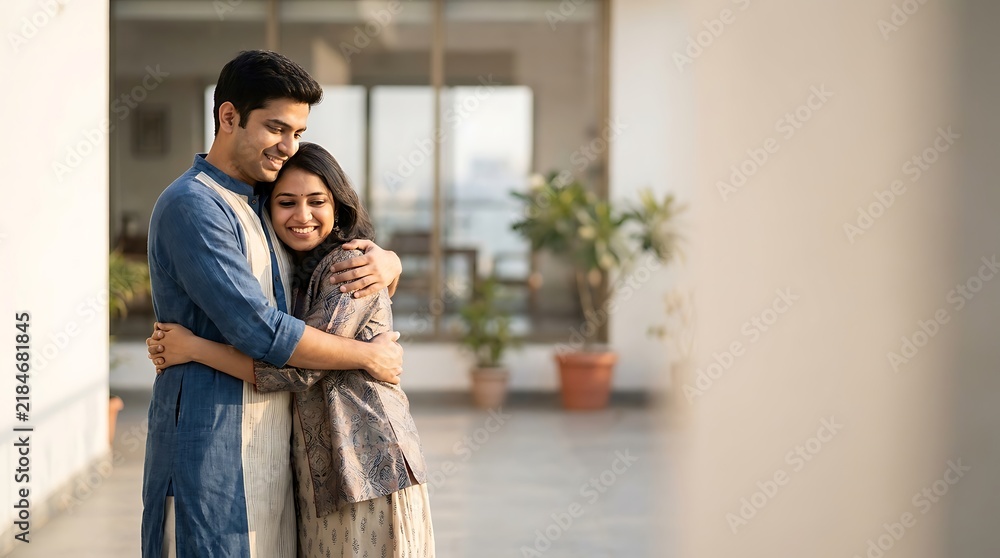 Obraz premium Happy Young Couple Embracing Outdoors at Modern Home Terrace