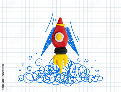 Rocket launch. Startup concept. Starting a business. Startup idea. Leadership, innovation and success. 3d plasticine rocket with sketch elements. Mixed media