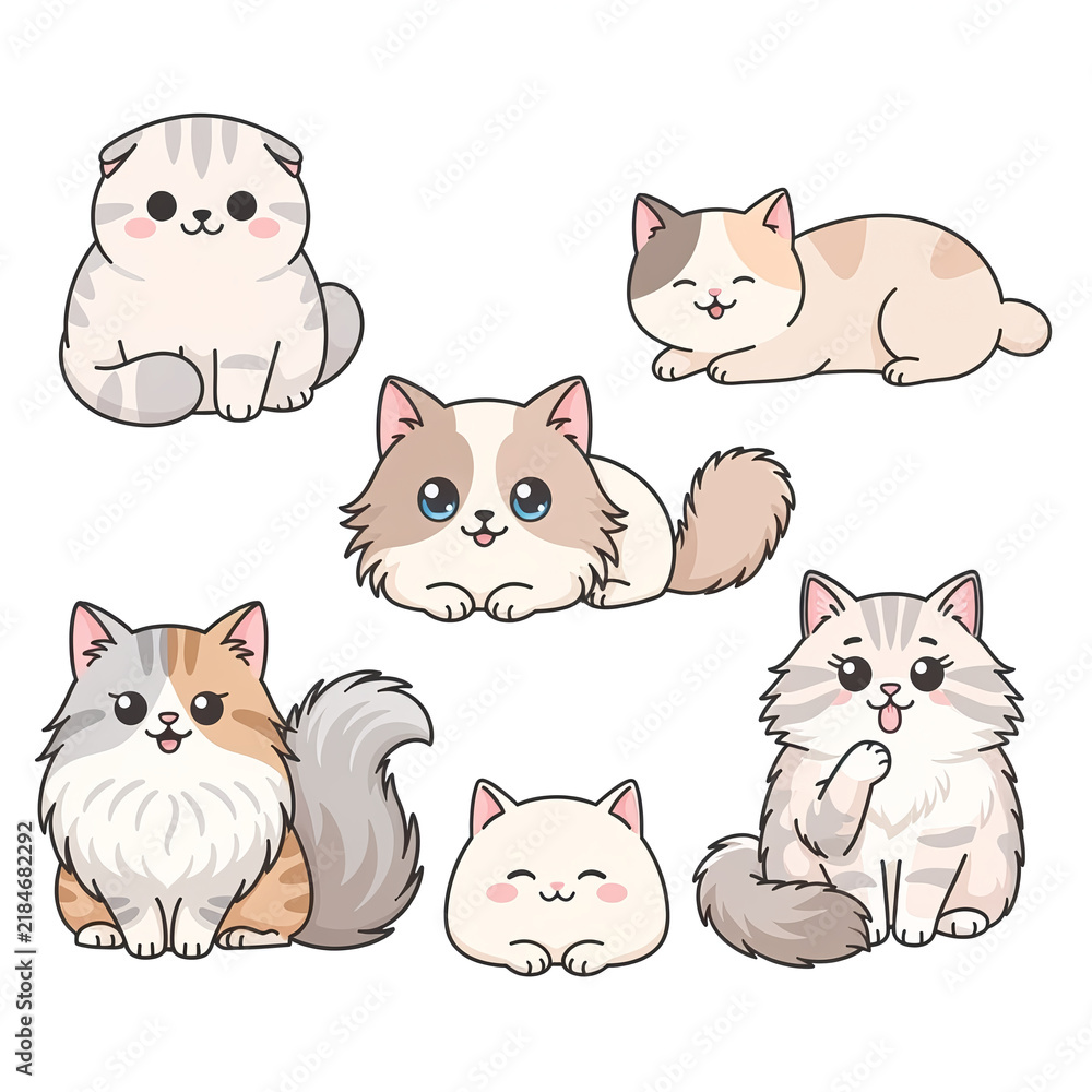 Fototapeta premium Popular Cat Breed Chibi Set - 6 Kawaii Characters