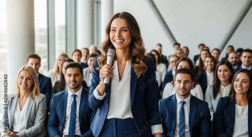Obraz premium A confident young woman in business attire holds a microphone while speaking to a large group of professionals in a modern office setting with glass windows and contemporary design.