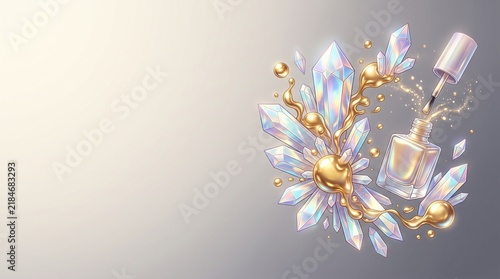A fantasy illustration of iridescent crystals surrounded by swirling golden liquid and an open nail polish bottle with sparkles.