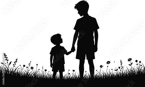 Silhouette of two brothers holding hands standing in grassy field with wildflowers, sibling love and family bond concept, childhood friendship outdoor nature scene
