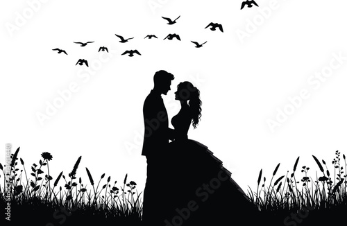 Romantic Couple Silhouette in Meadow at Sunset with Flying Birds, Bride and Groom Standing in Love on Grass Field for Wedding Invitation Design