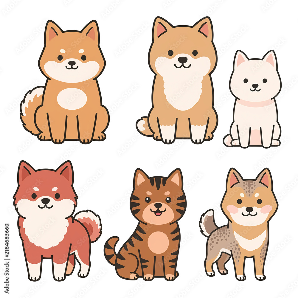 Fototapeta premium Japanese Dog Breed Chibi Set - 6 Kawaii Characters