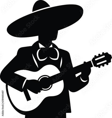 Mariachi musician silhouette playing guitar, traditional Mexican performer in sombrero isolated on white background, cultural music festival vector illustration