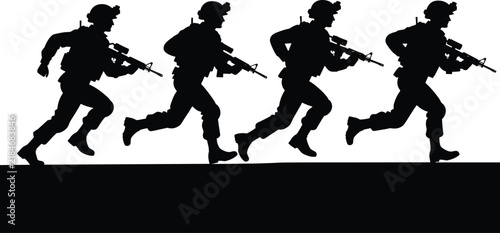 Silhouettes of armed soldiers running with rifles, military infantry tactical movement set isolated on white background, army combat action vector illustration