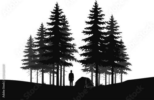 Silhouette of camper with tent in pine forest landscape, peaceful outdoor adventure scene with tall evergreen trees, nature camping illustration isolated on white background