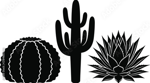 Set of black desert cactus silhouettes featuring saguaro, barrel cactus, and succulent plants