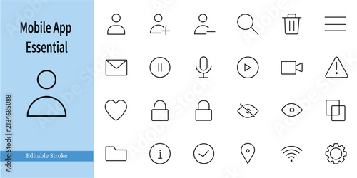 Mobile app essential line icon set with user interface symbols for digital web design uses.
