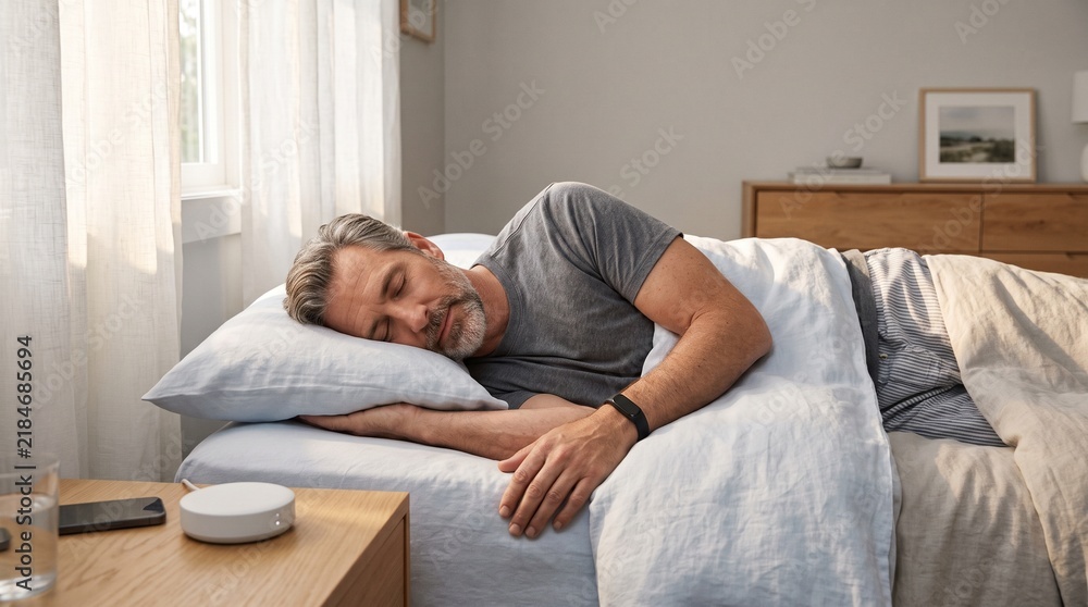 Fototapeta premium Middle aged man sleeping in a quiet bedroom with a sleep monitor