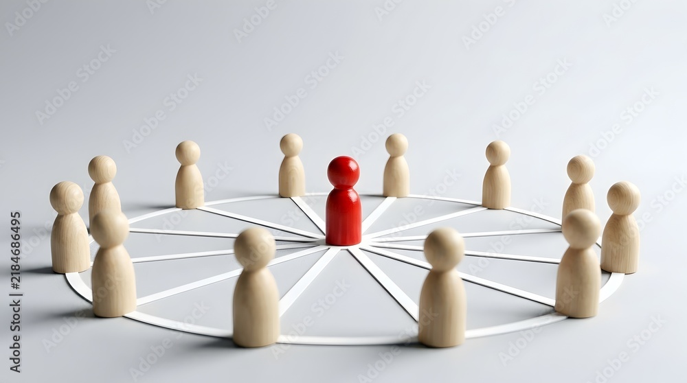 Obraz premium Red wooden figure at center of connected network representing leadership and social organization structure.