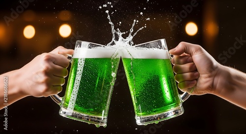 Two hands clinking green beer mugs to celebrate Saint Patricks Day