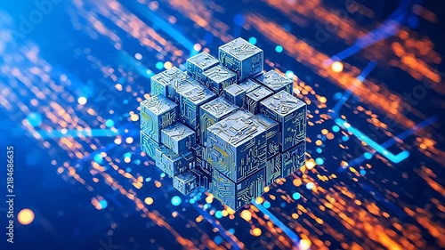 Stacked cubes with circuit patterns emitting glowing lights on dark background