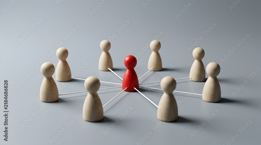 Obraz premium Conceptual leadership and networking featuring a central red wooden figure connected to a circle of people, symbolizing influence, teamwork, and communication in business.