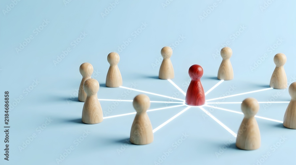 Obraz premium Red wooden figure connected to a circle of wooden pegs by glowing lines, symbolizing leadership, business networking, social influence, and team collaboration on a minimalist blue background.