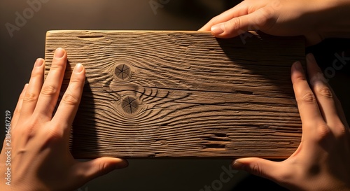 Two hands holding a rustic wooden plank with visible grain texture