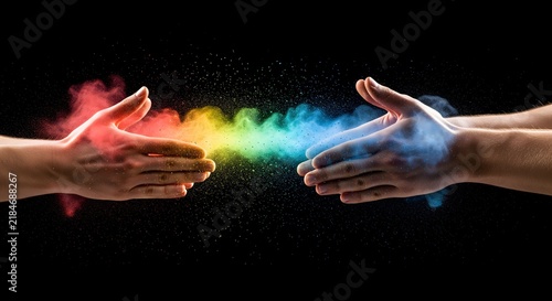 Two hands reaching together with a colorful rainbow powder explosion