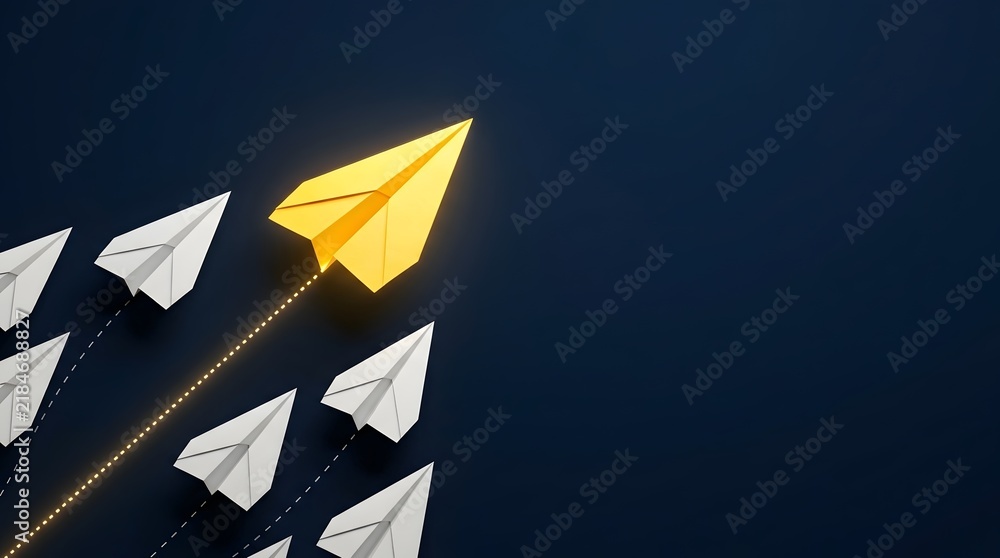 Obraz premium Yellow paper plane leading white planes on dark blue background, representing leadership, business innovation, and standing out from the crowd in a minimalist conceptual design.