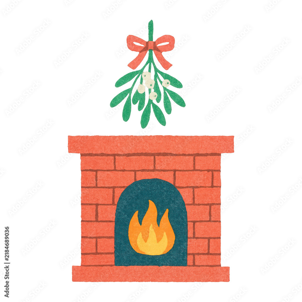 Fototapeta premium PNG Cozy fireplace with mistletoe illustration.
