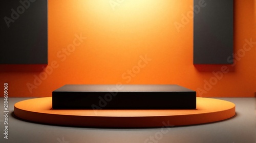 Minimalist black rectangular podium stands on orange circular base. Bright warm light illuminates empty stage in modern studio. Abstract geometric shapes create bold contrast for product display.