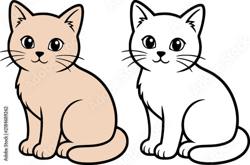 Cute cat illustration in line art style and colored, coloring page for kids
