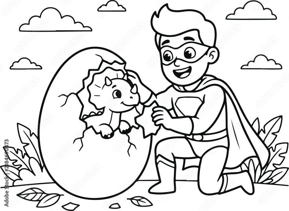 Fototapeta premium Superhero boy helping a baby dinosaur hatch from an egg coloring page for children