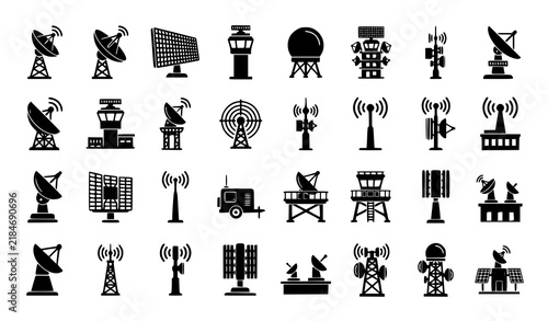 Radar Air Traffic Control Infrastructure Black Glyph Vector Icon Collection