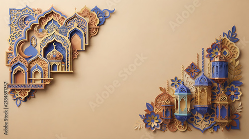 Corner border composition with layered paper cut style, featuring islamic arches, hanging lanterns, crescent moons, and floral in blue and gold tones on a light beige background, for ramadan