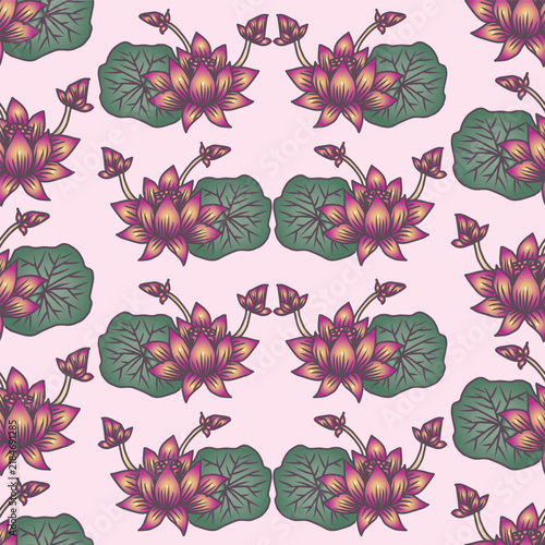 Naklejka Hand-drawn pink and green lotus flower seamless pattern background