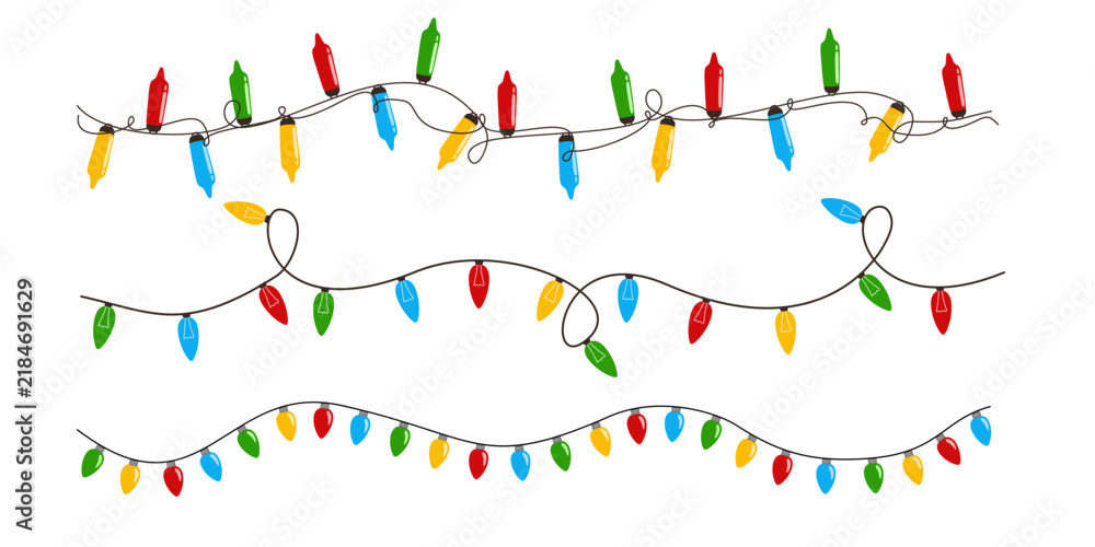 Fototapeta premium Christmas lights garland set, colorful holiday light bulb strings, colorful glowing bulbs string for winter holiday frame and header vector illustration isolated on white background