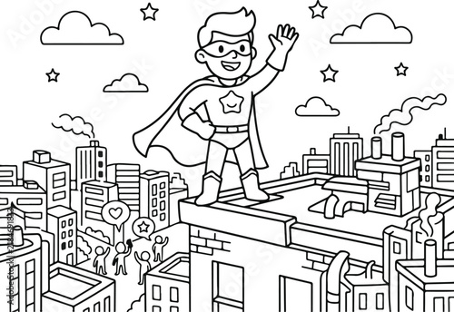 Superhero boy waving on city rooftop coloring page for kids illustration