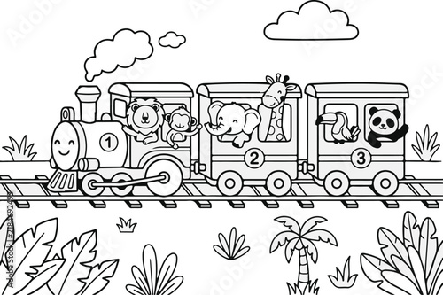 Cute cartoon train with jungle animals for kids coloring page illustration.