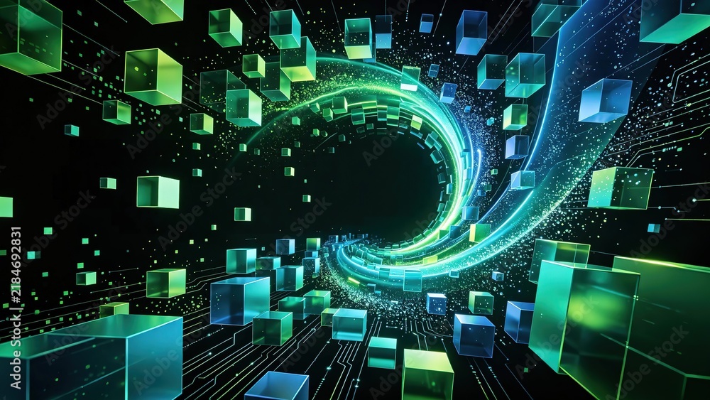 Fototapeta premium Futuristic Spiral Vortex Tunnel with Glowing Glass Cubes and Circuit Patterns in Neon Green Cyberspace