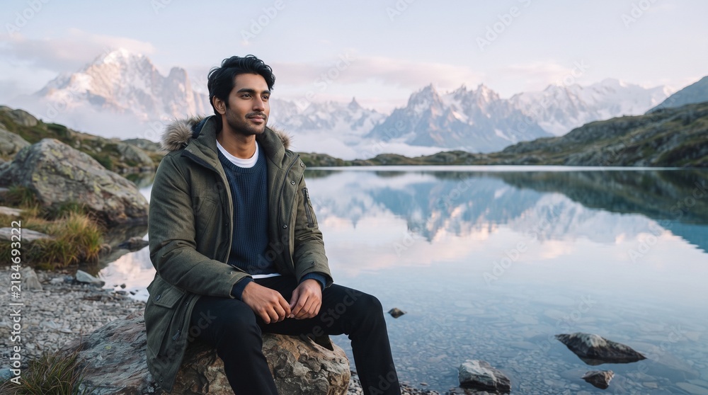 Fototapeta premium Young male adventurer sitting peacefully on a rock by a calm alpine lake, wearing an olive winter parka while enjoying the breathtaking pristine snowy mountain landscape during a cold