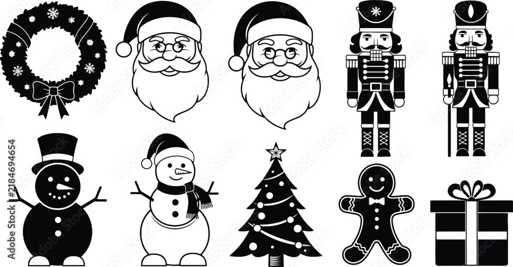 Fototapeta premium Charming collection of christmas icons in black and white silhouette