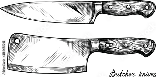 Foto Hand drawn vintage butcher knives collection featuring a sharp chef knife and a