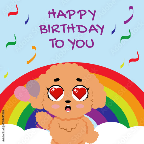 Happy birthday card with cute poodle dog, colorful rainbow, clouds and falling confetti elements