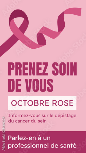 Affiche Octobre Rose en français invitant à prendre soin de soi, à s’informer sur le dépistage du cancer du sein et à en parler à un professionnel de santé, avec ruban rose sur fond rose poudré clair.