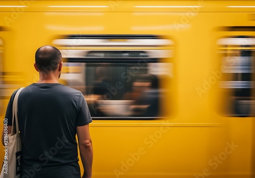 Man Waiting on a Platform as a Yellow Subway Train Passes by Quickly