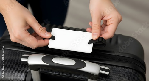 Person holding blank luggage tag on black travel suitcase for identification