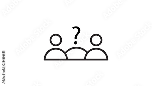 Group of three abstract people figures with question mark indicating social uncertainty.