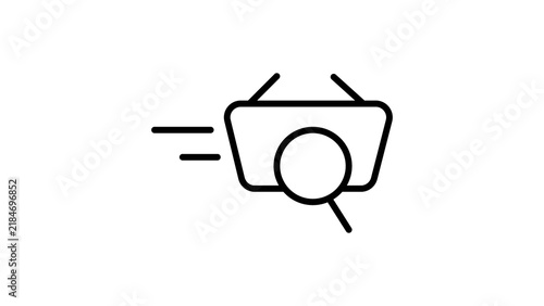 Shopping basket with magnifying glass and speed lines icon for fast delivery and search.
