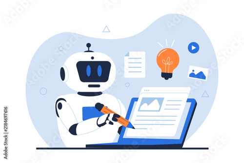 Illustration of AI Content Creation Copywriting. Flat illustration of an AI robot writing blog articles and creative content on a laptop with a pen and lightbulb.